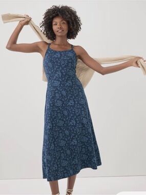 Pact Organic Cotton Blue Fit & Flare Midi Dress in Batik Vine French Navy Sz XS